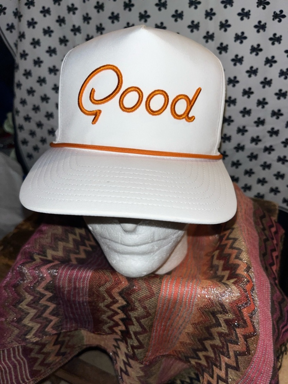 White Trucker Hat with Orange "Good" Script